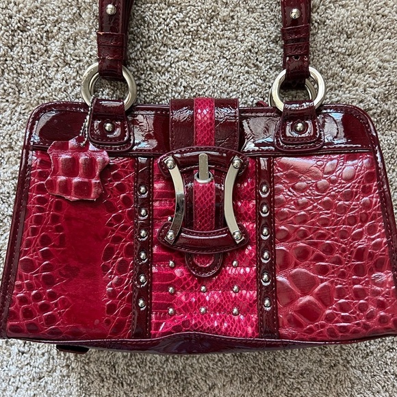 M.C. GENUINE LEATHER RED HANDBAG PURSE SHOULDER FAUX CROC SNAKE - Picture 3 of 12
